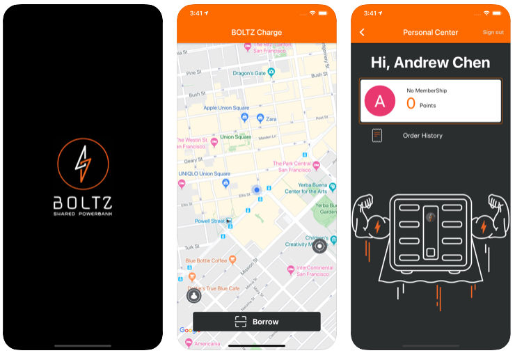 Boltz power-bank sharing mobile app with station tracking and QR scanning