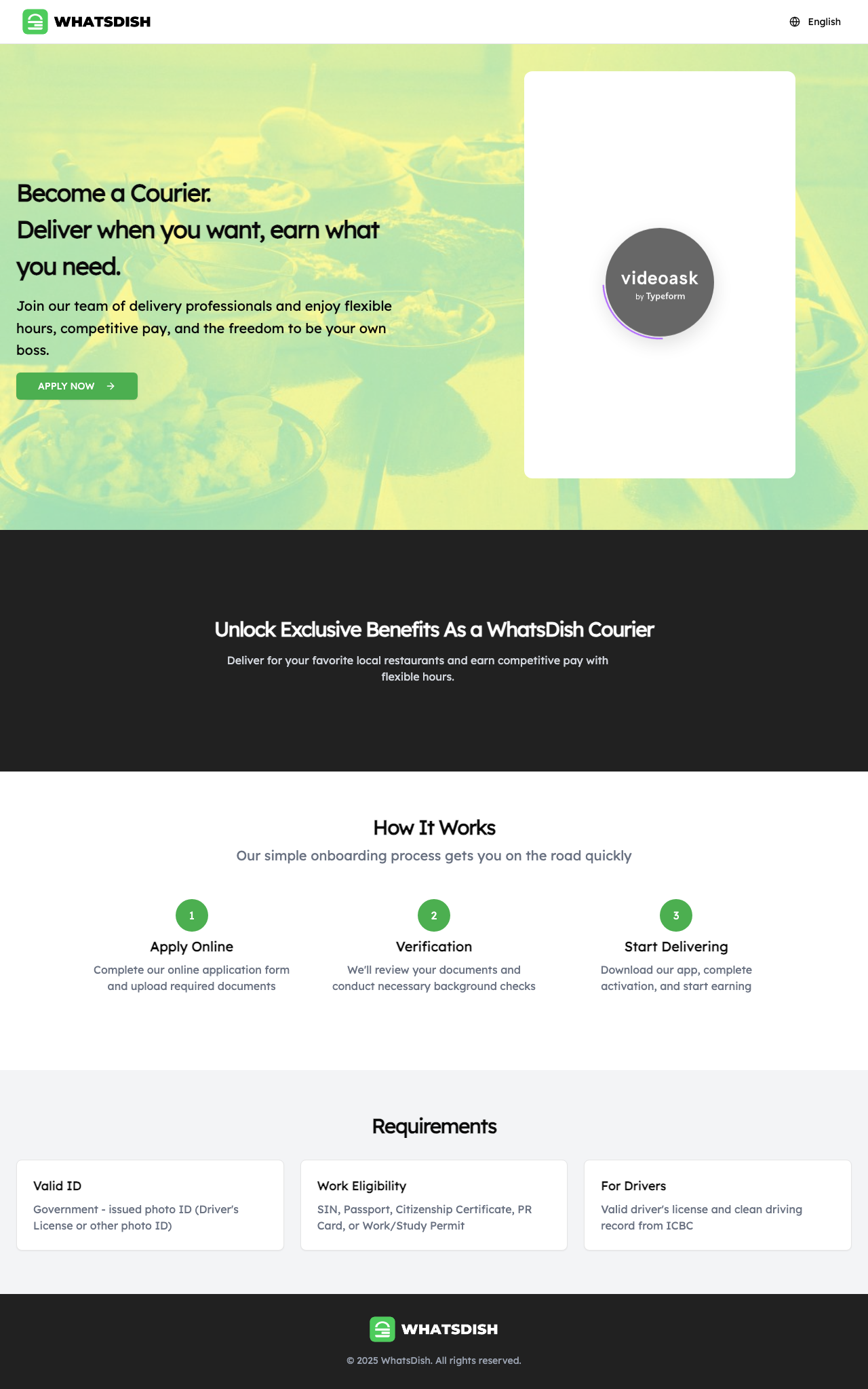 WhatsDish driver signup web app showing registration form